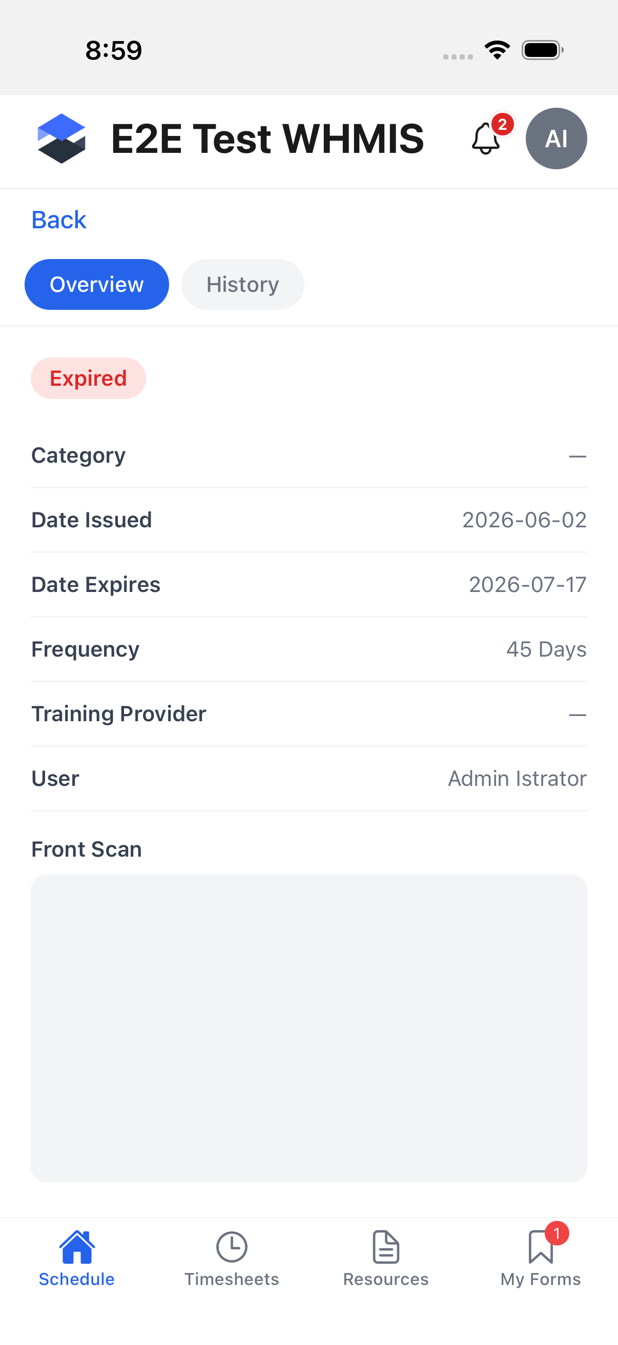 Certification detail screen, Overview tab, showing status, dates, frequency, and front scan