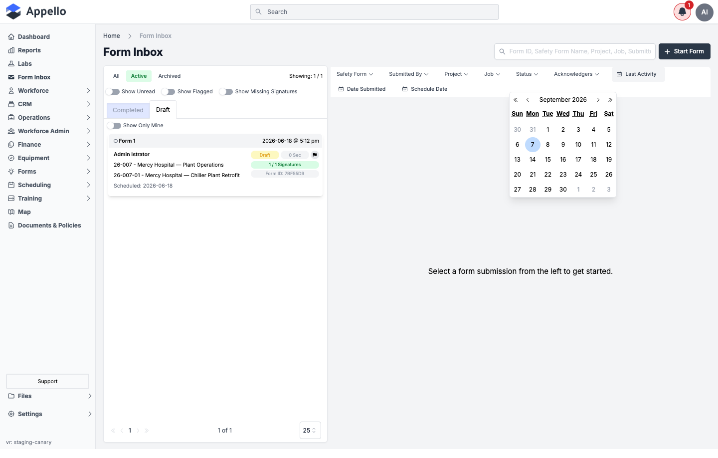 The Last Activity filter open, showing a month calendar for picking a date range