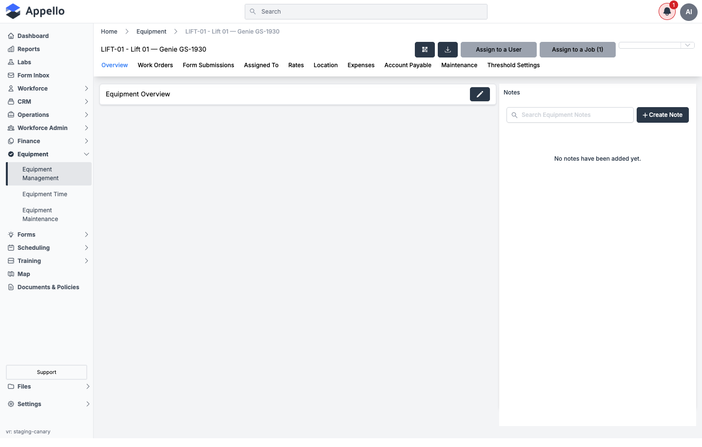 Equipment Overview tab for a piece of equipment, with only the Equipment Overview header and edit button visible and no attribute cards, alongside an empty Notes panel