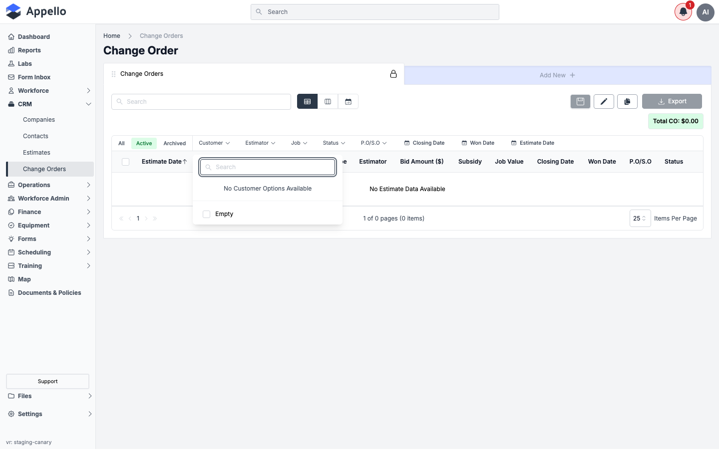 A filter dropdown open, showing the search box and an Empty option