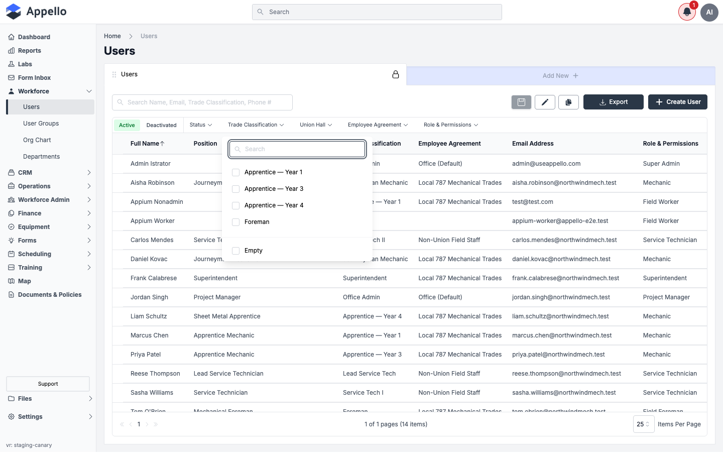 Trade Classification filter open, showing a searchable checklist of values plus an Empty option