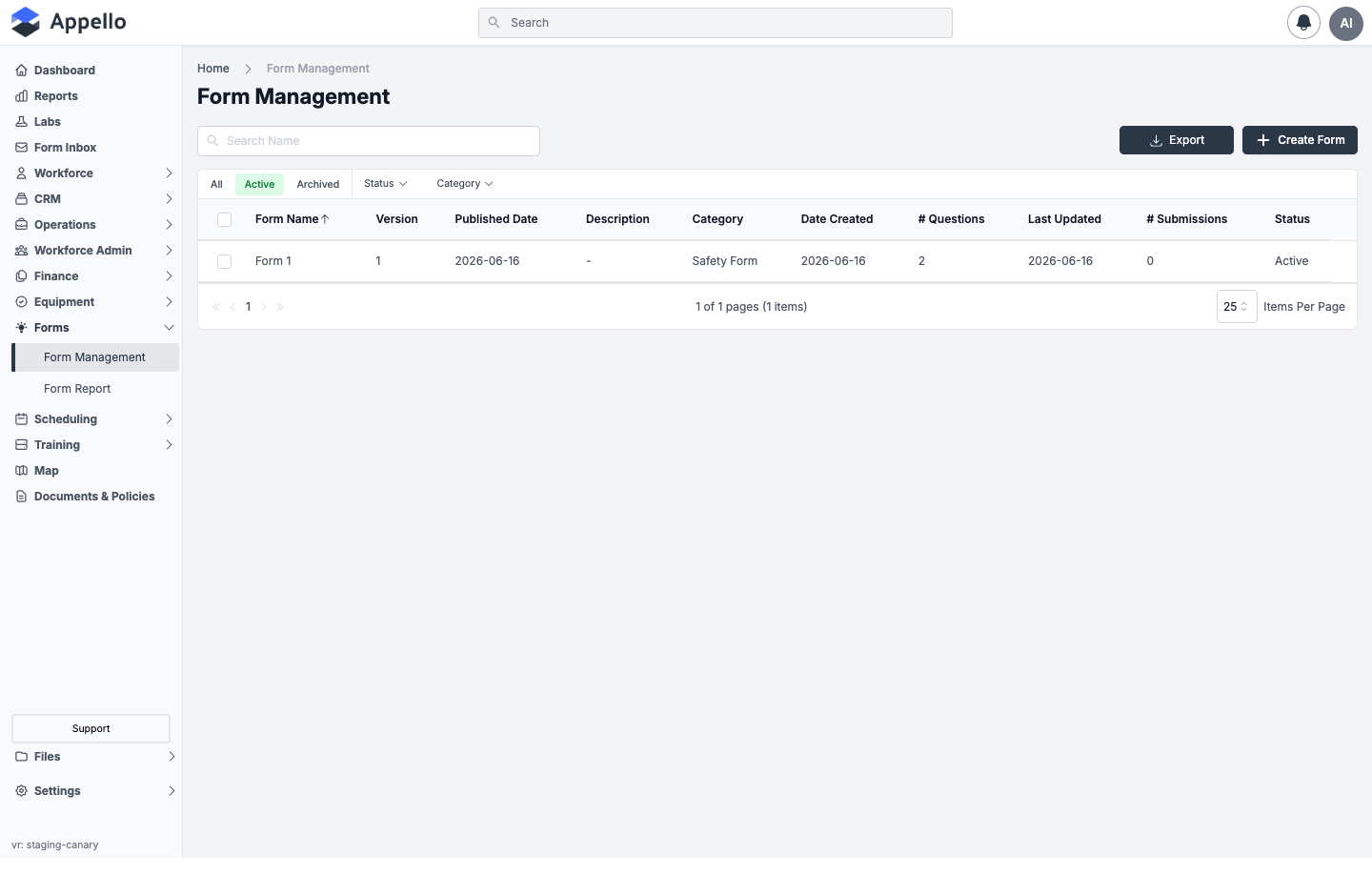Form Management list on the demo instance, showing one form with every list column, the Active/Archived/All quick tabs, Status and Category filters, search, Export, and Create Form