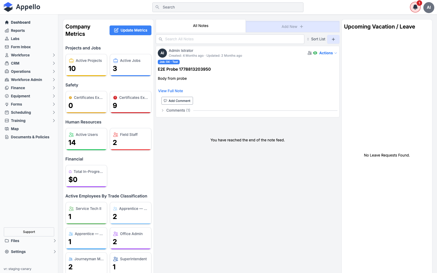 The Dashboard's All Notes feed showing a note, its job tag, comment count, and Add Comment button