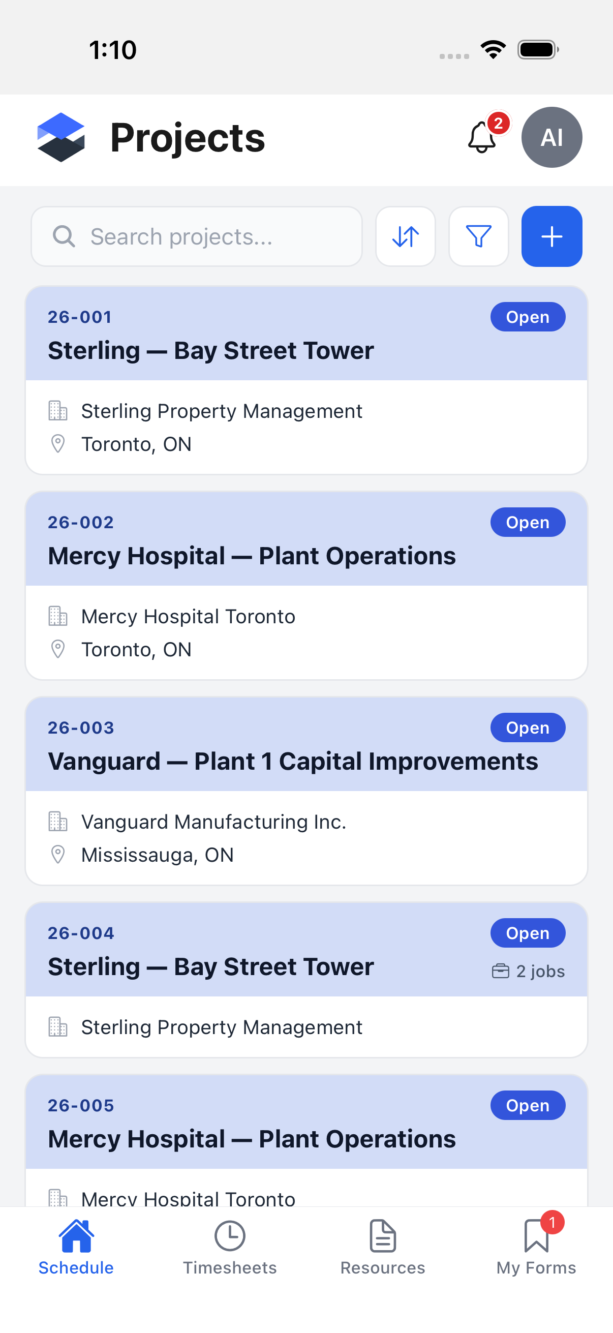 Projects list with search, sort, filter, and a create button above a list of project cards