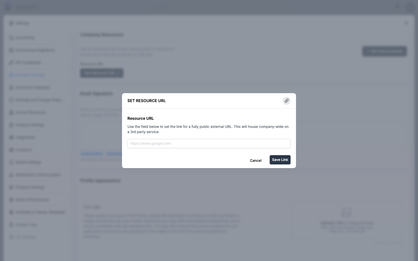 The "Set Resource URL" modal opened from Set Links &amp; Access, with Cancel and Save Link buttons