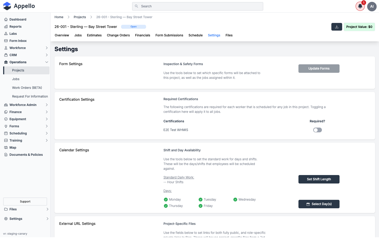 Project Settings tab, showing Form Settings, Certification Settings, and the top of Calendar Settings