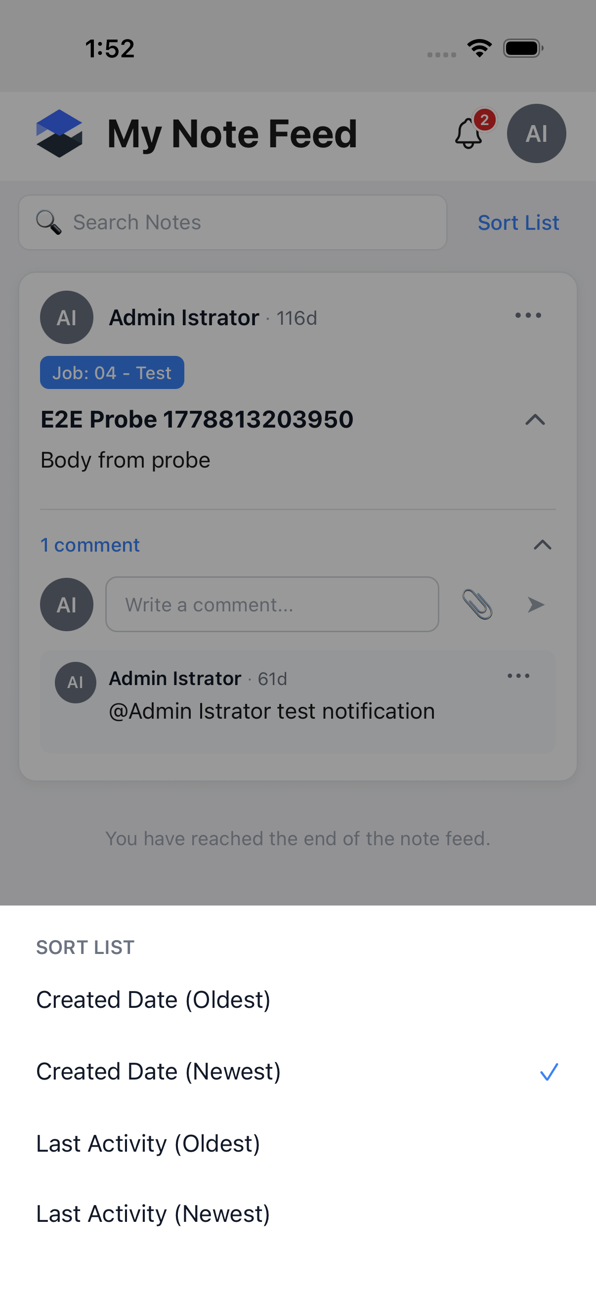The Sort List menu open, with four options and a checkmark on the current selection