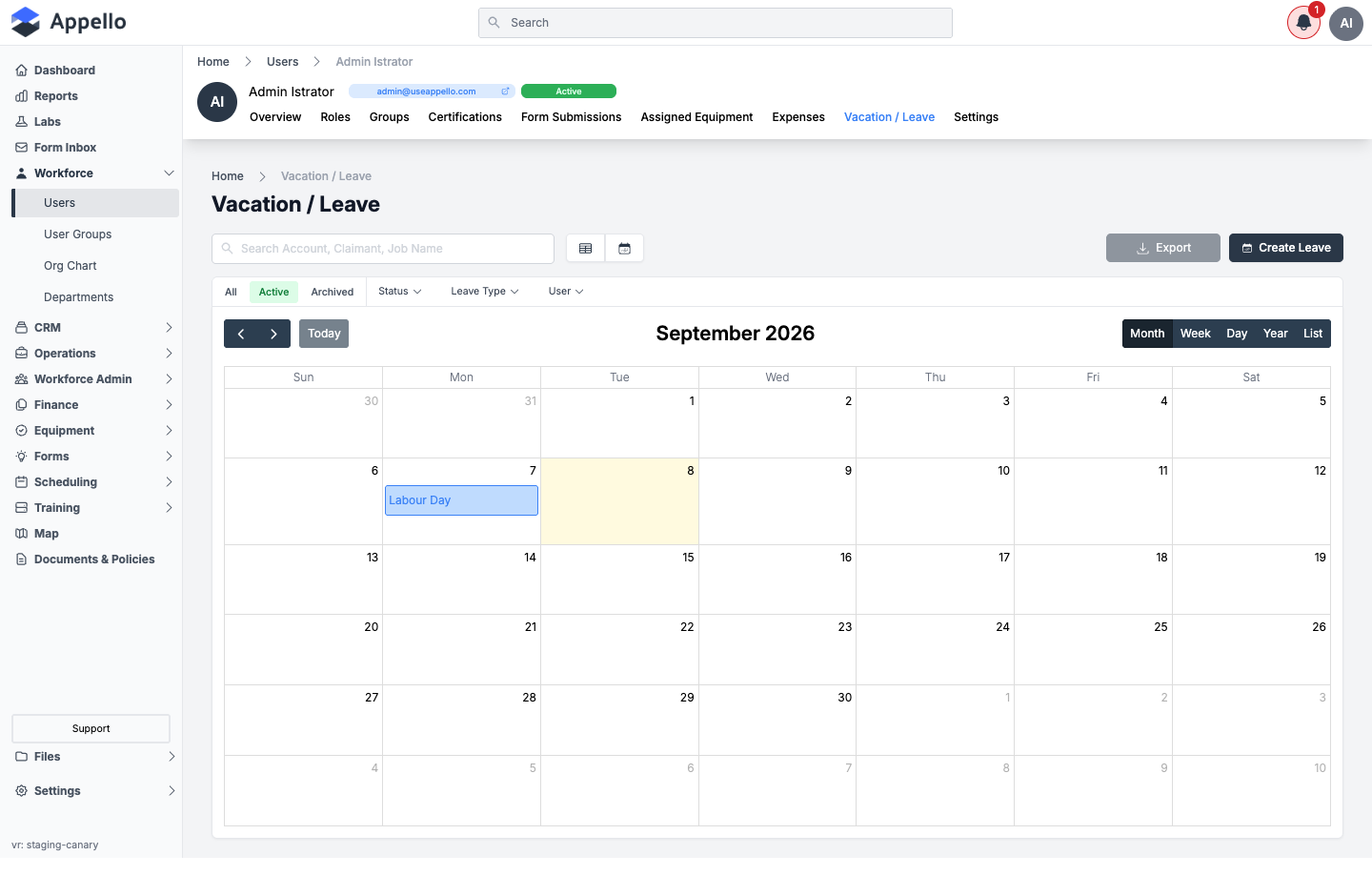 Vacation / Leave tab, calendar view, shown with no leave requests for this user on the demo instance (the Labour Day entry is a company-wide holiday, not a personal leave request)