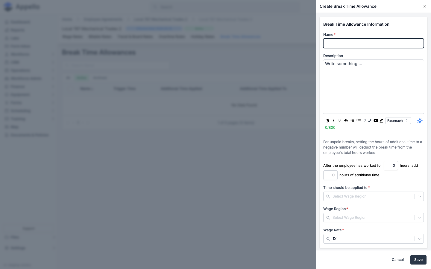 Create Break Time Allowance flyout with trigger hours, additional time, and assignment fields