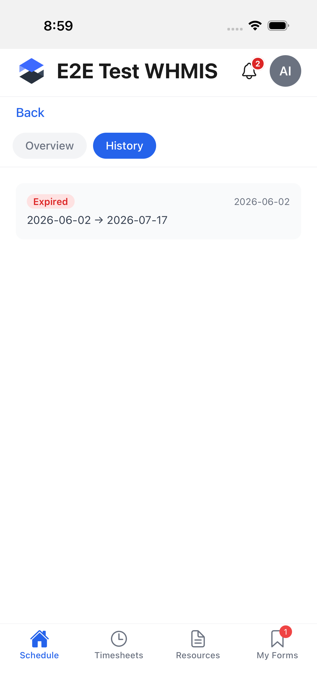 Certification detail screen, History tab, showing one prior record with its status and date range