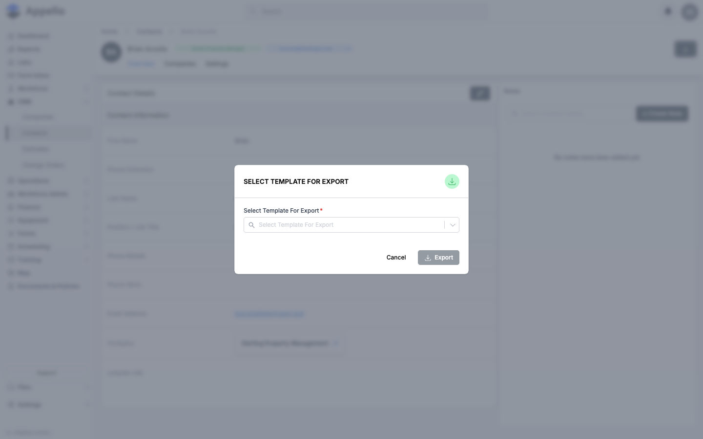 Select Template For Export picker opened from a contact's Download button, with the template dropdown empty and Export disabled until a template is chosen