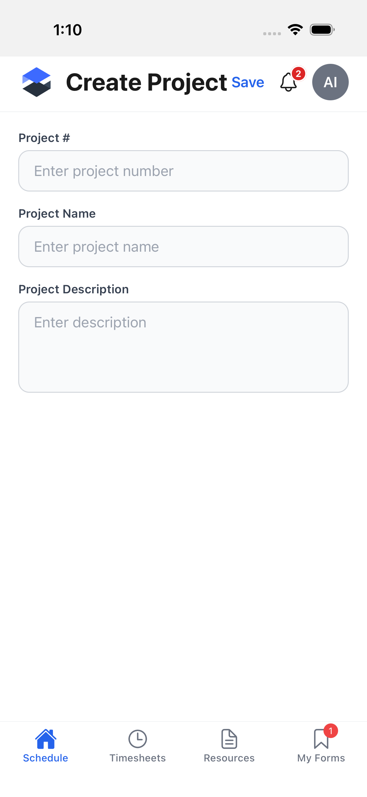 Create Project form with Project #, Project Name, and Project Description fields