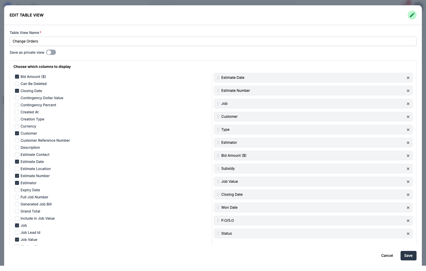 Edit Table View, showing the live default column selection and order for the Change Orders view