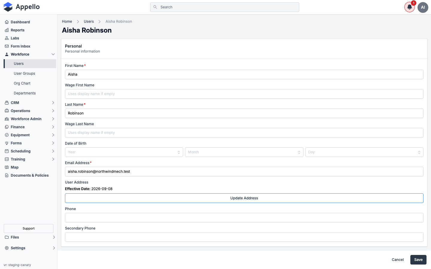 Edit User page, top: Personal section with First/Last/Wage Name, Date of Birth, Email, User Address, Phone, Secondary Phone