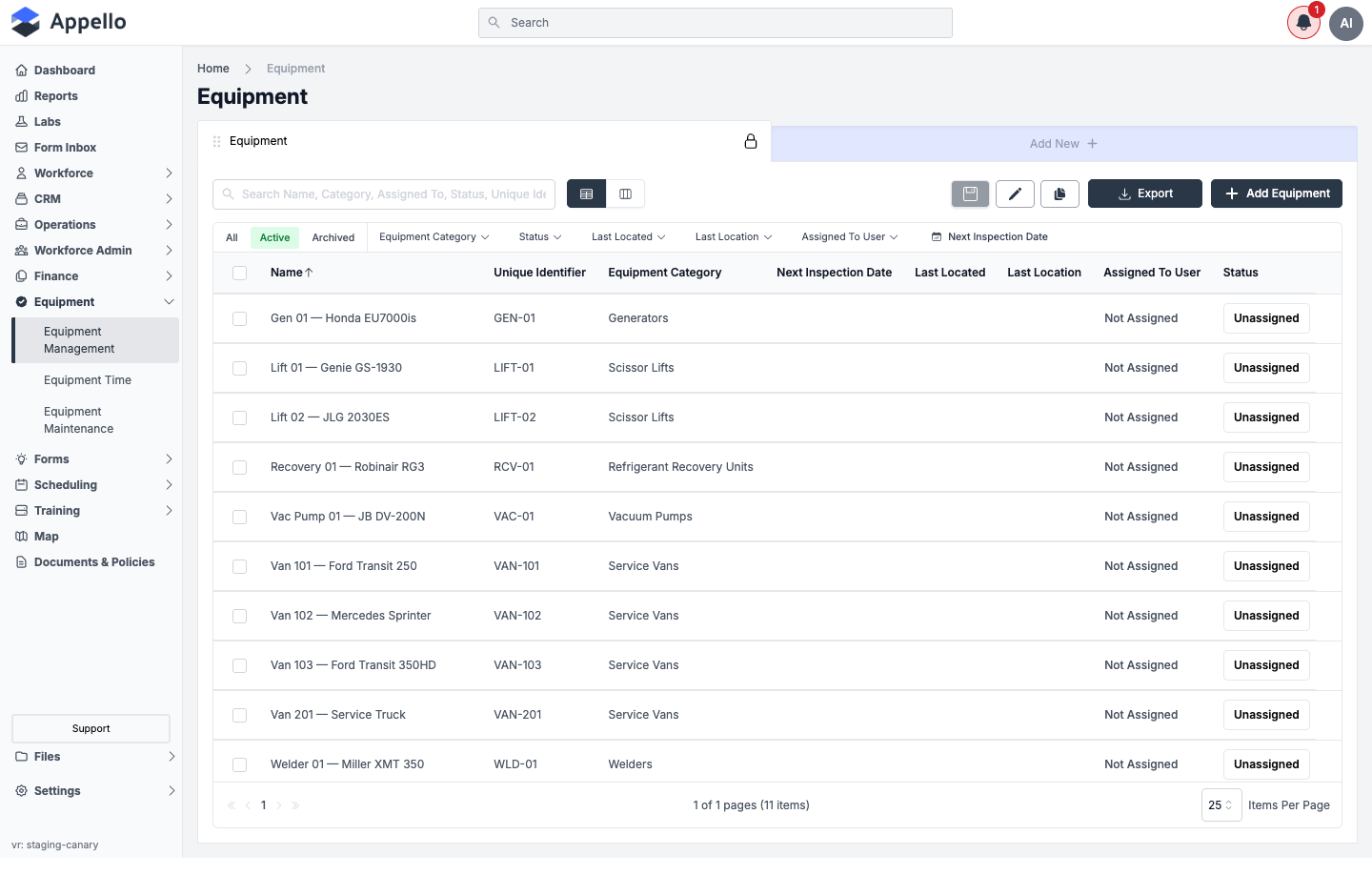Equipment list, populated with the demo instance's equipment, showing the Active filter, category/status/location filters, and the Status column