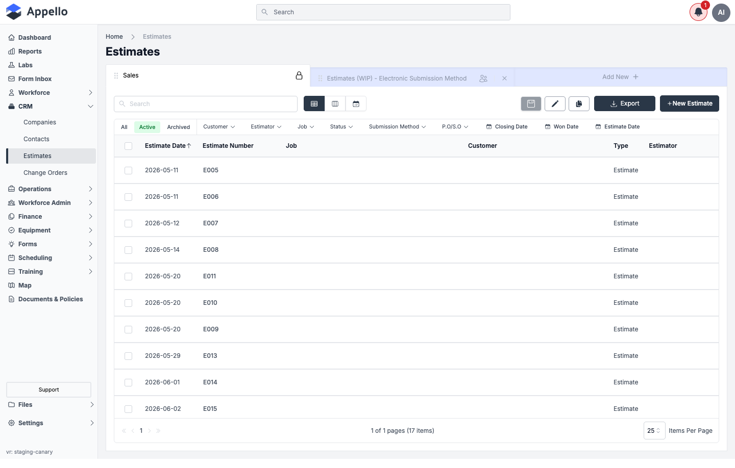 Estimates list showing quick tabs, per-column filter dropdowns, and the itemized grid of estimate rows
