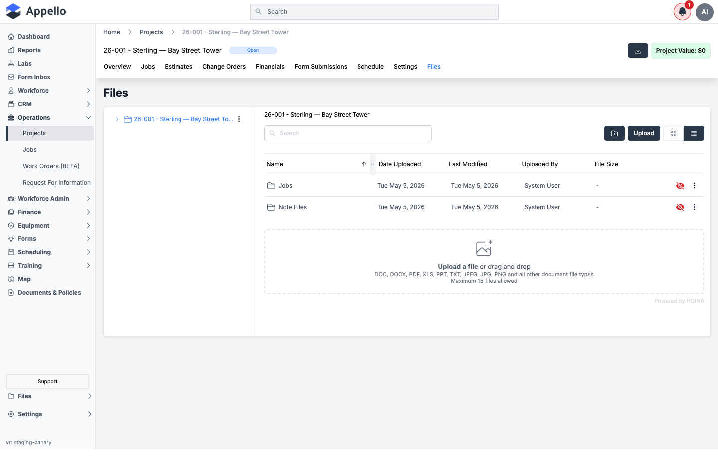 Project Files tab, showing the project's folder tree with Jobs and Note Files subfolders