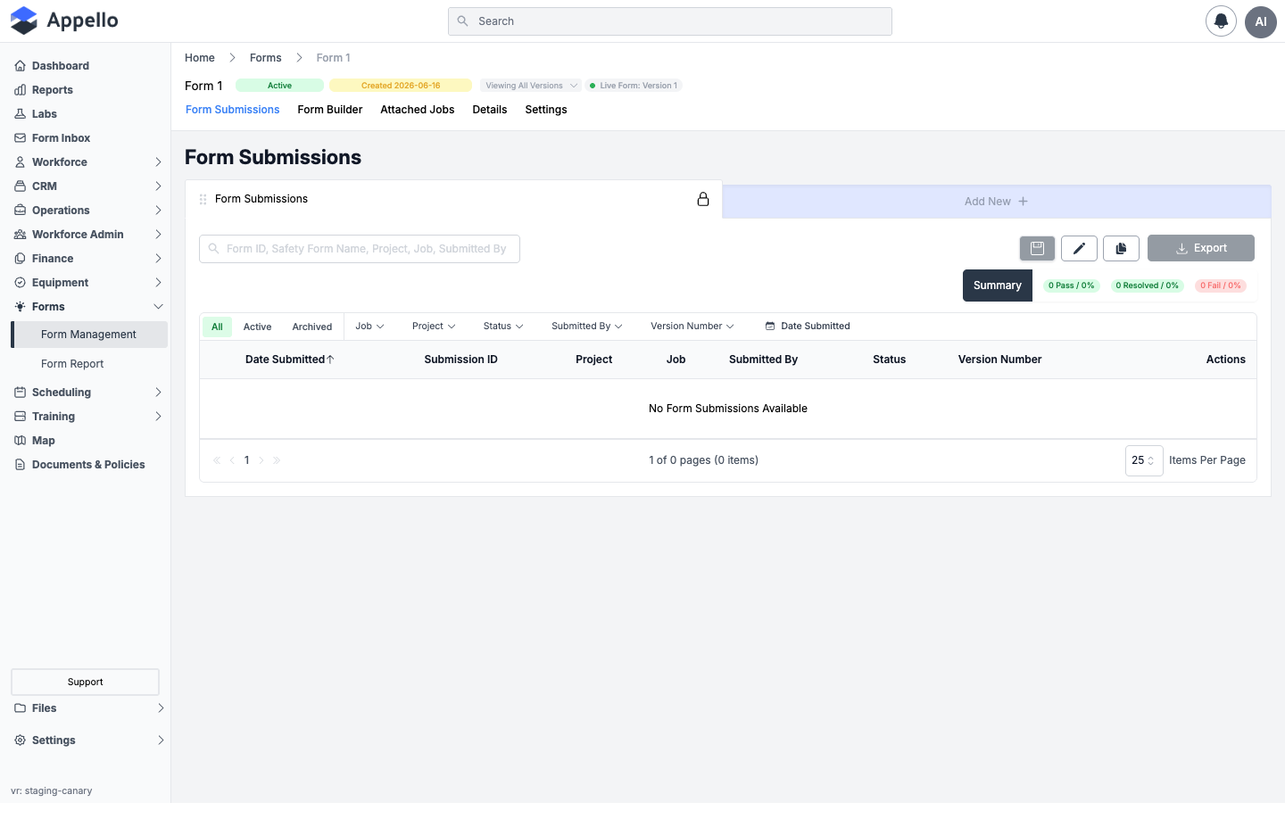 Form Submissions tab, shown empty on the demo instance, with the Summary rollup and submission table columns