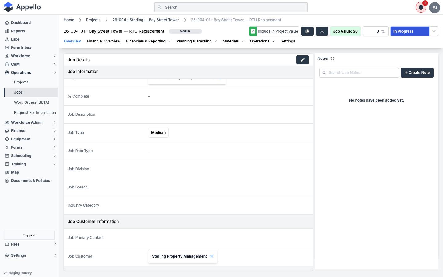 Job Customer Information section on a job's Overview tab, showing the linked customer as a clickable record