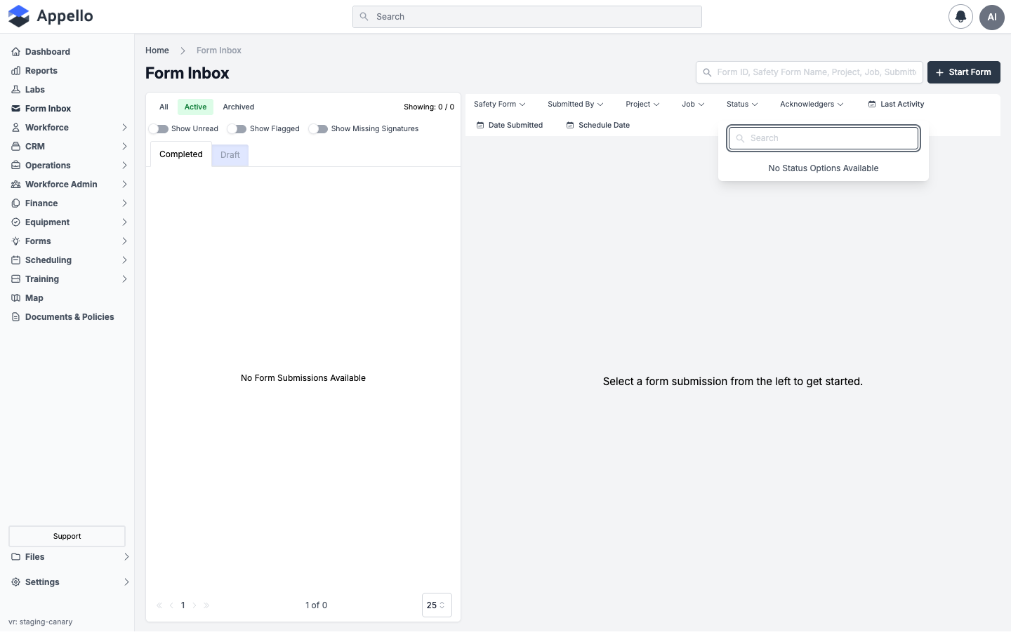 The Status filter open, showing its search box and a No Status Options Available empty state