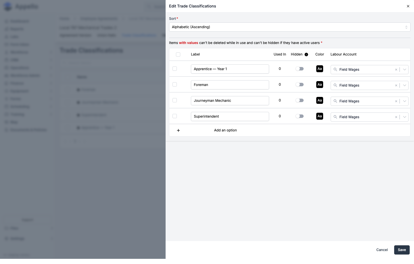 Edit Trade Classifications flyout with Sort, Label, Used In, Hidden, Color, and Labour Account columns