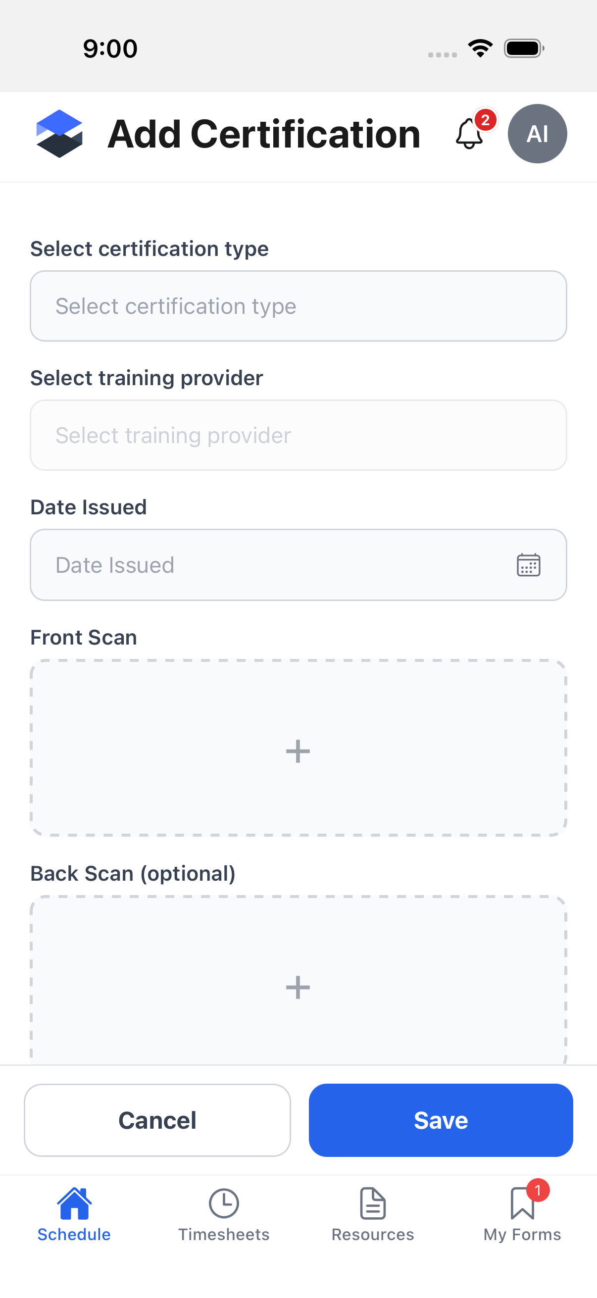 Add Certification form showing certification type, training provider, date issued, and the Front Scan / Back Scan photo controls
