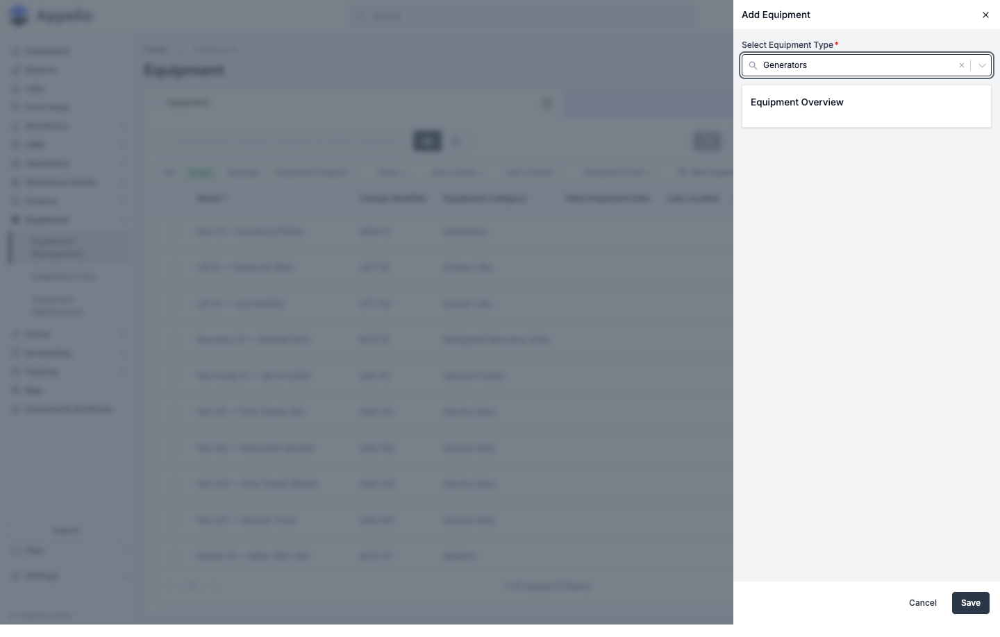 Add Equipment panel showing only the required Select Equipment Type field -- the rest of the form renders once a type is chosen