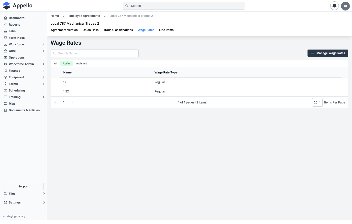 Wage Rates tab on an employee agreement, listing 1X and 1.5X categories, both Regular type