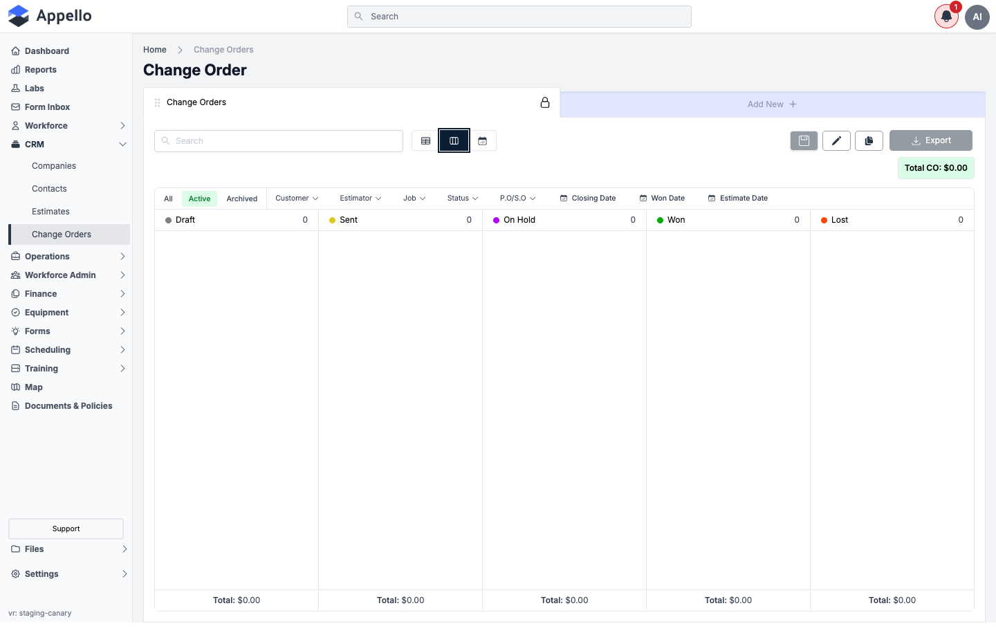 The Board view -- one column per status, shown empty on the demo instance