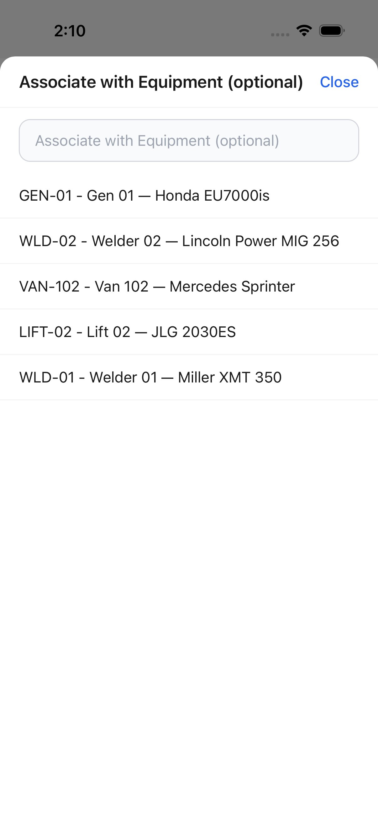 The Associate with Equipment picker open, listing equipment with a search box and a Close control