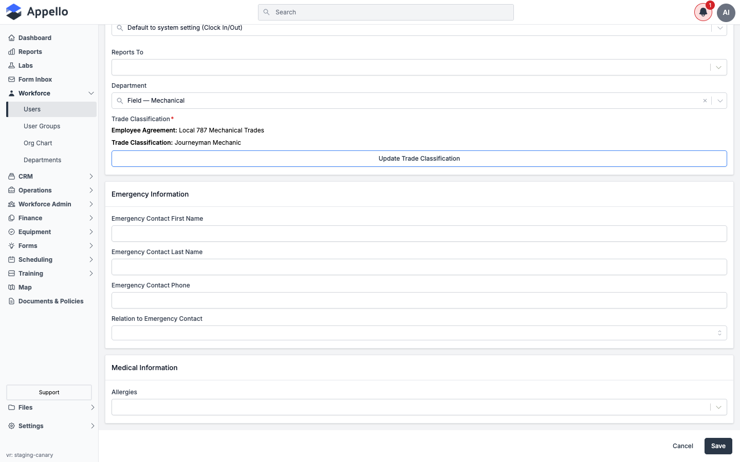Edit User page, bottom: Trade Classification summary, Emergency Information, Medical Information, and the Cancel/Save footer