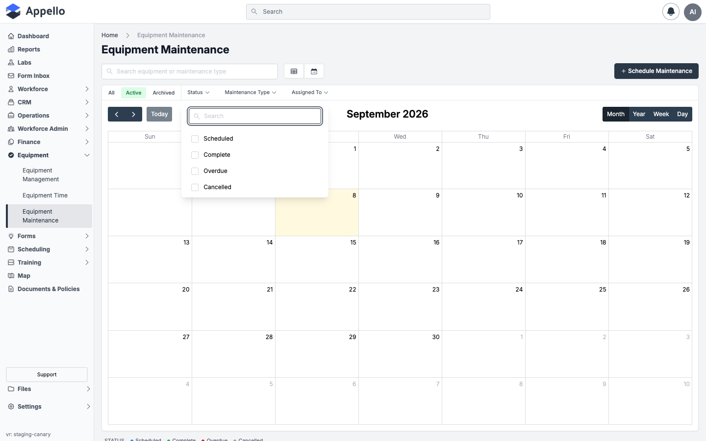 Status filter dropdown open on the Equipment Maintenance calendar, showing checkboxes for Scheduled, Complete, Overdue, and Cancelled