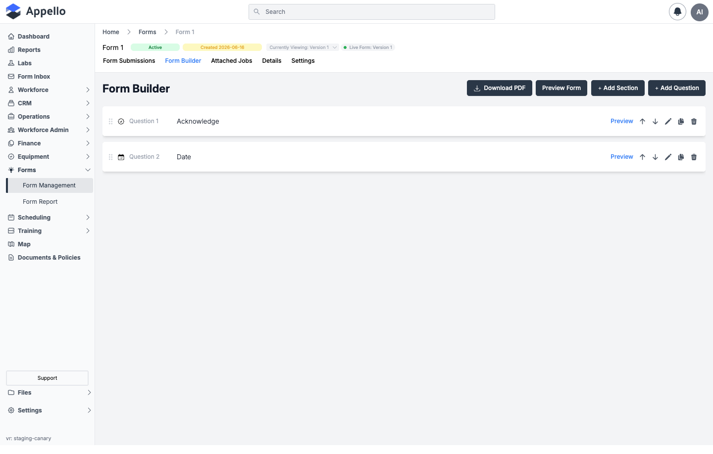 Form Builder tab with two questions (Acknowledge and Date), Download PDF, Preview Form, Add Section, and Add Question controls