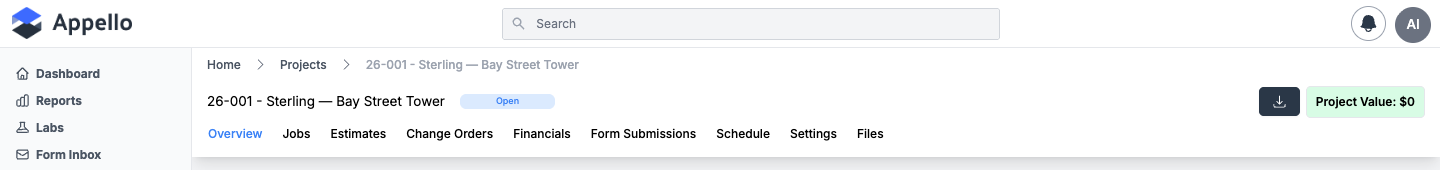 Project header, with the Download icon button to the left of the Project Value badge