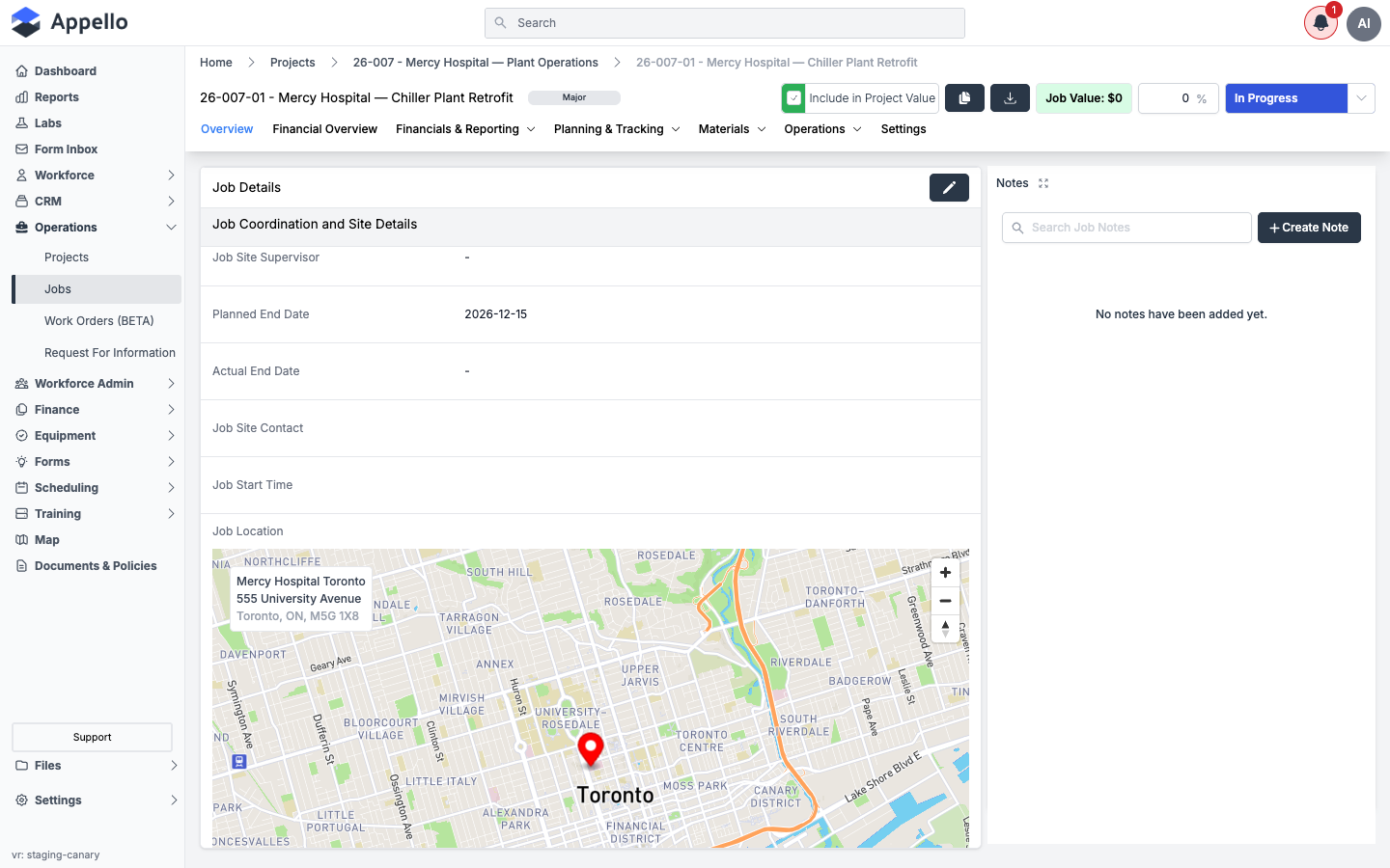 Job Location section on a job's Overview tab, showing the address and an interactive map with a pin