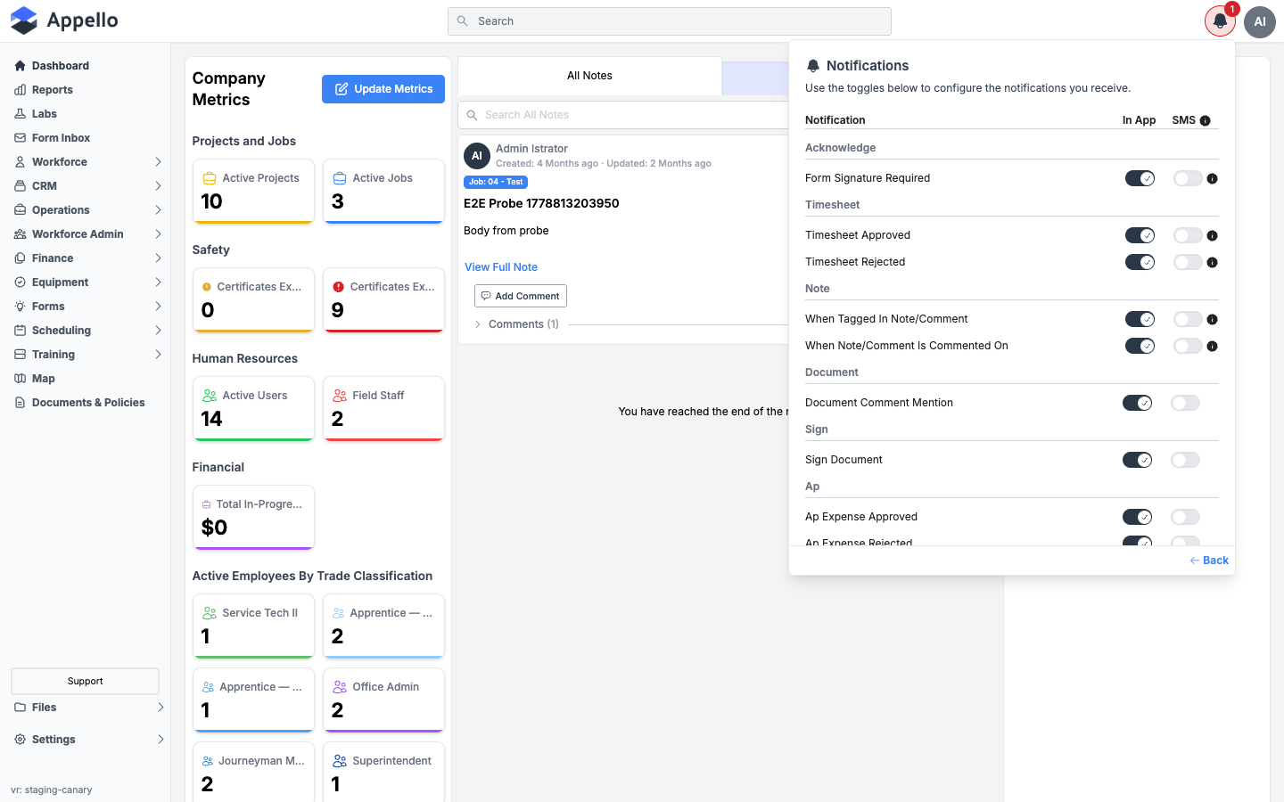 Notification Preferences panel with In App and SMS toggle columns, including the Note section's "When Tagged In Note/Comment" and "When Note/Comment Is Commented On" rows