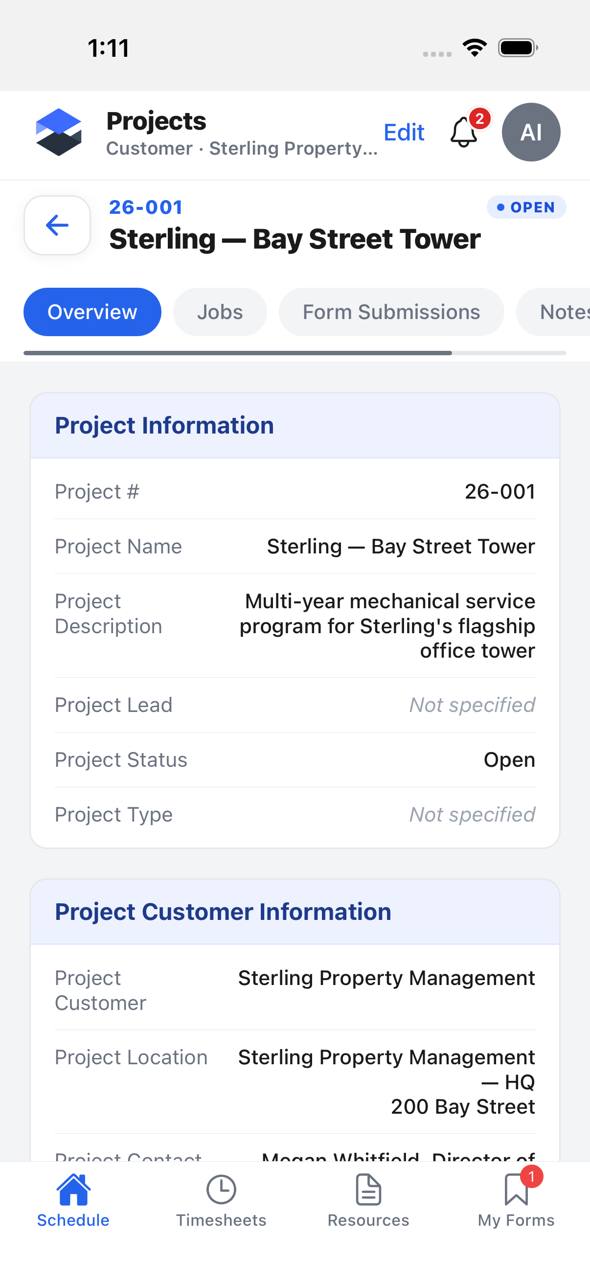 Project detail screen showing the identity header, Overview/Jobs/Form Submissions/Notes/Files tabs, and project information