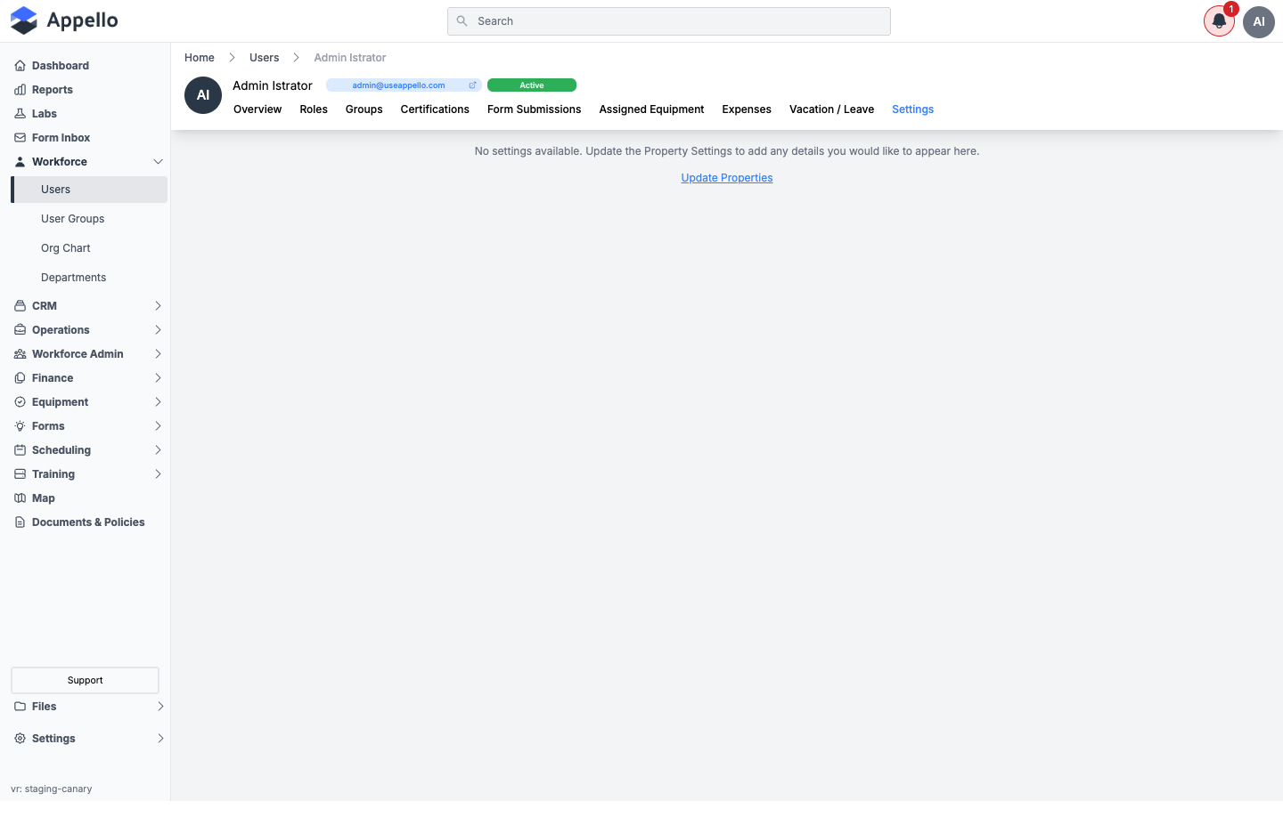 Settings tab shown empty on the demo instance -- "No settings available"
