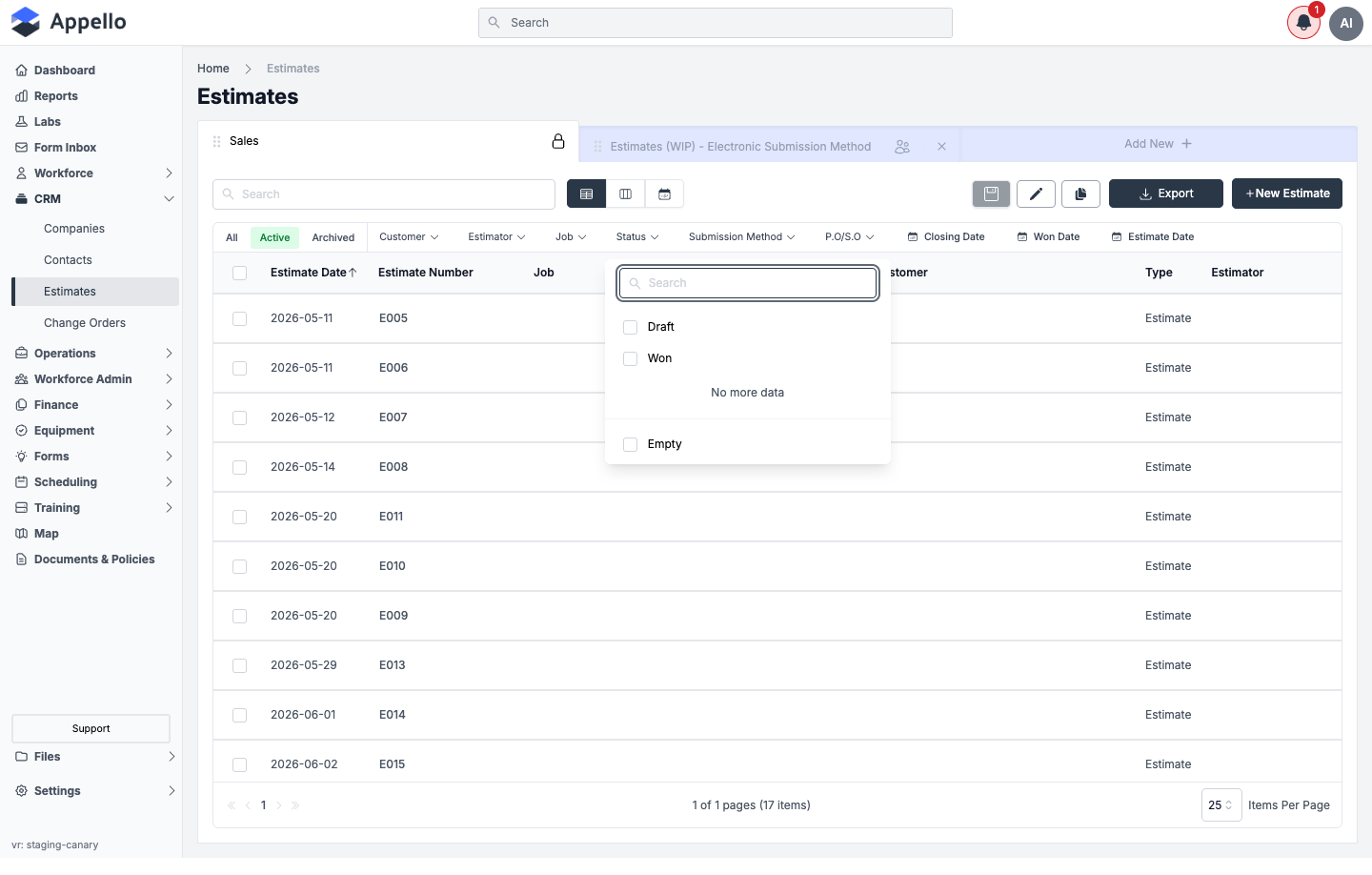 Status filter dropdown open on the Estimates list, showing Draft, Won, and Empty as the only facet values on this canary instance
