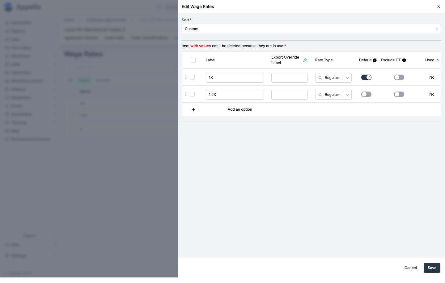 Edit Wage Rates flyout with Label, Export Override Label, Rate Type, Default, Exclude OT, and Used In columns