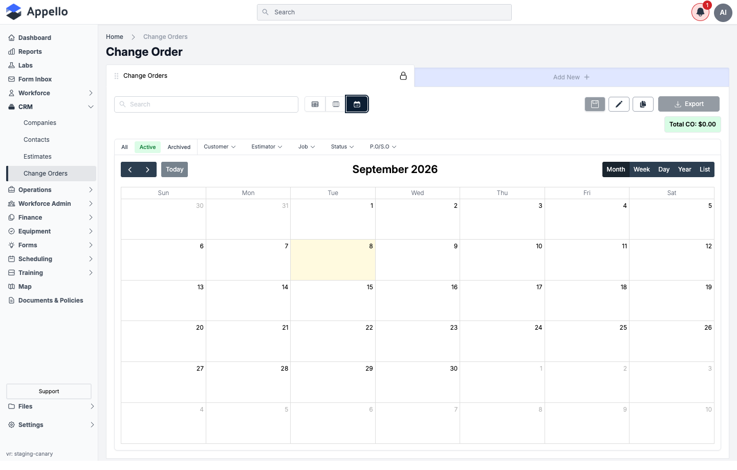 The Calendar view -- change orders plotted by Closing Date, shown empty on the demo instance