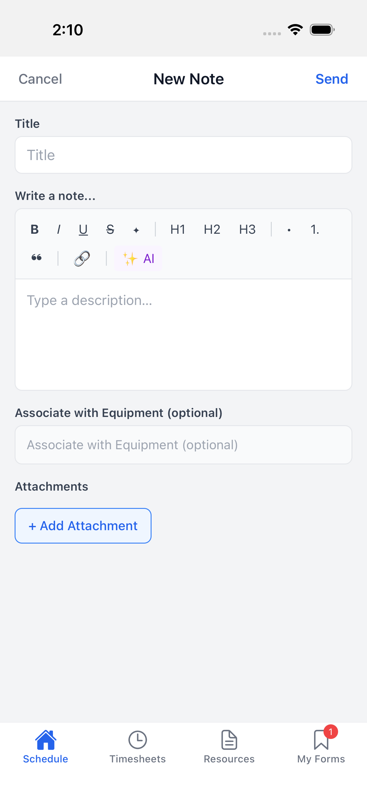 Back at the composer after closing the picker -- the field still shows its placeholder, nothing selected