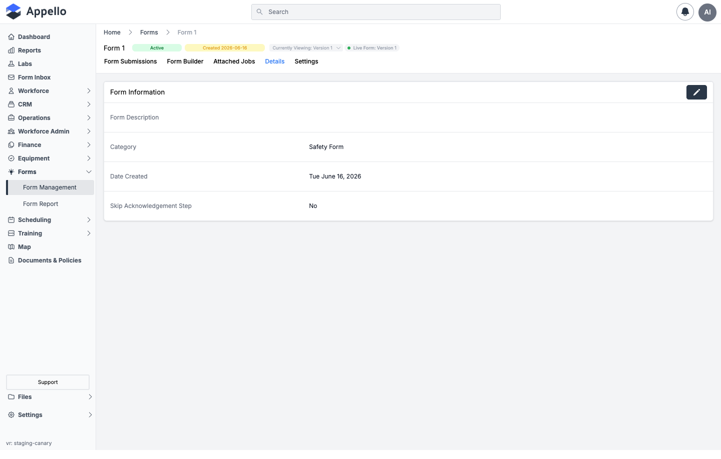 Details tab showing the Form Information card: Form Description, Category, Date Created, and Skip Acknowledgement Step