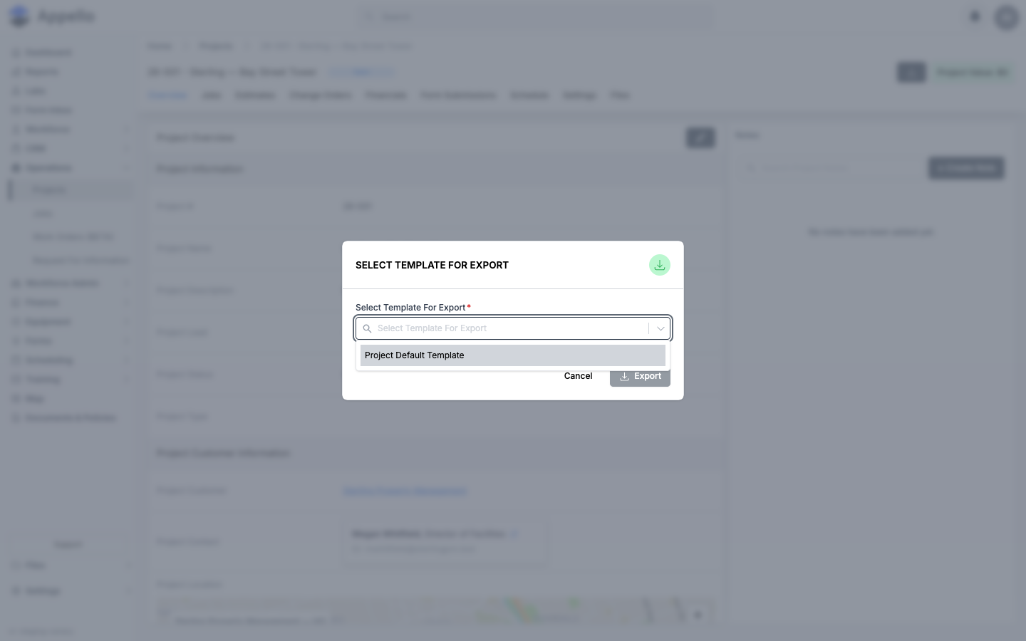 Select Template For Export picker on a project, with the template dropdown open showing the one Projects template configured on the demo instance