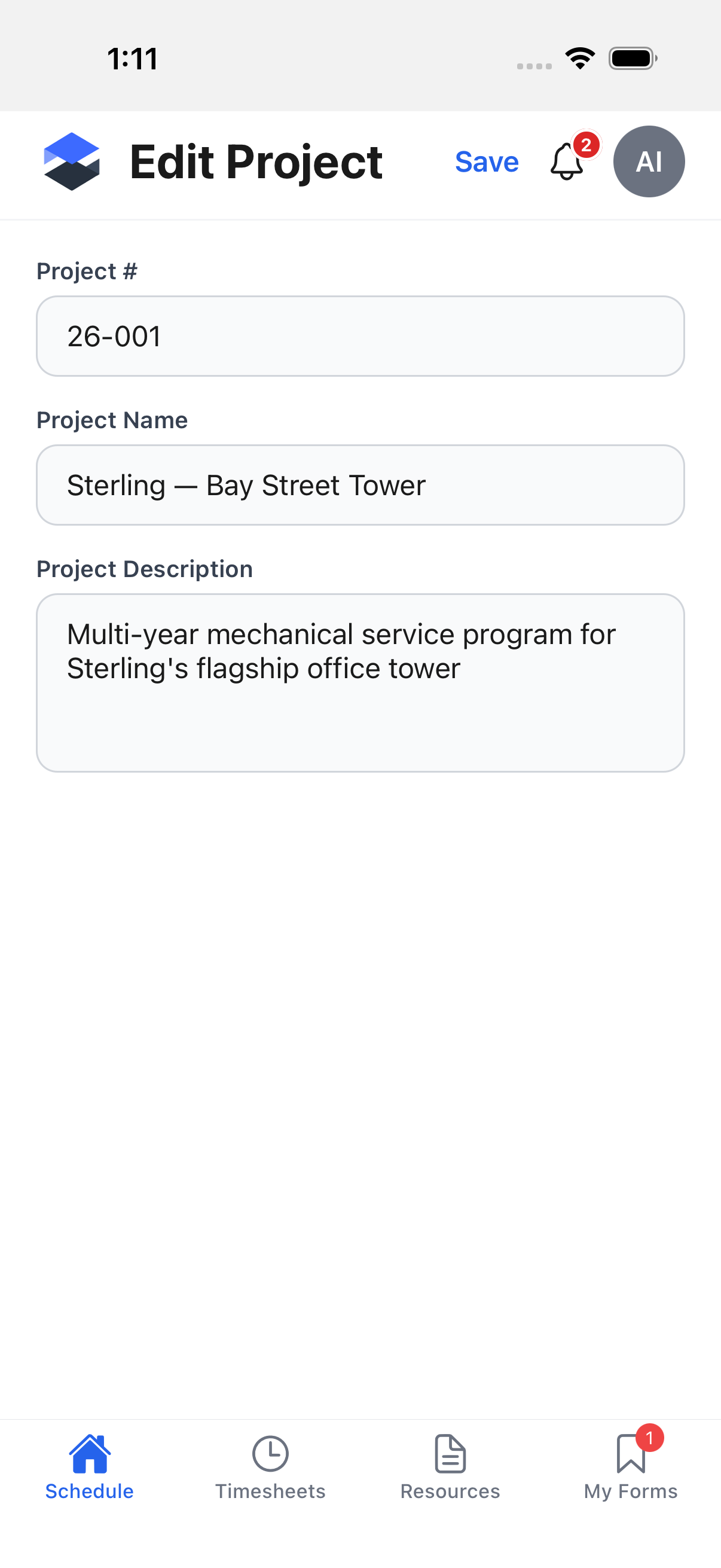 Edit Project form pre-filled with the same three fields as Create Project