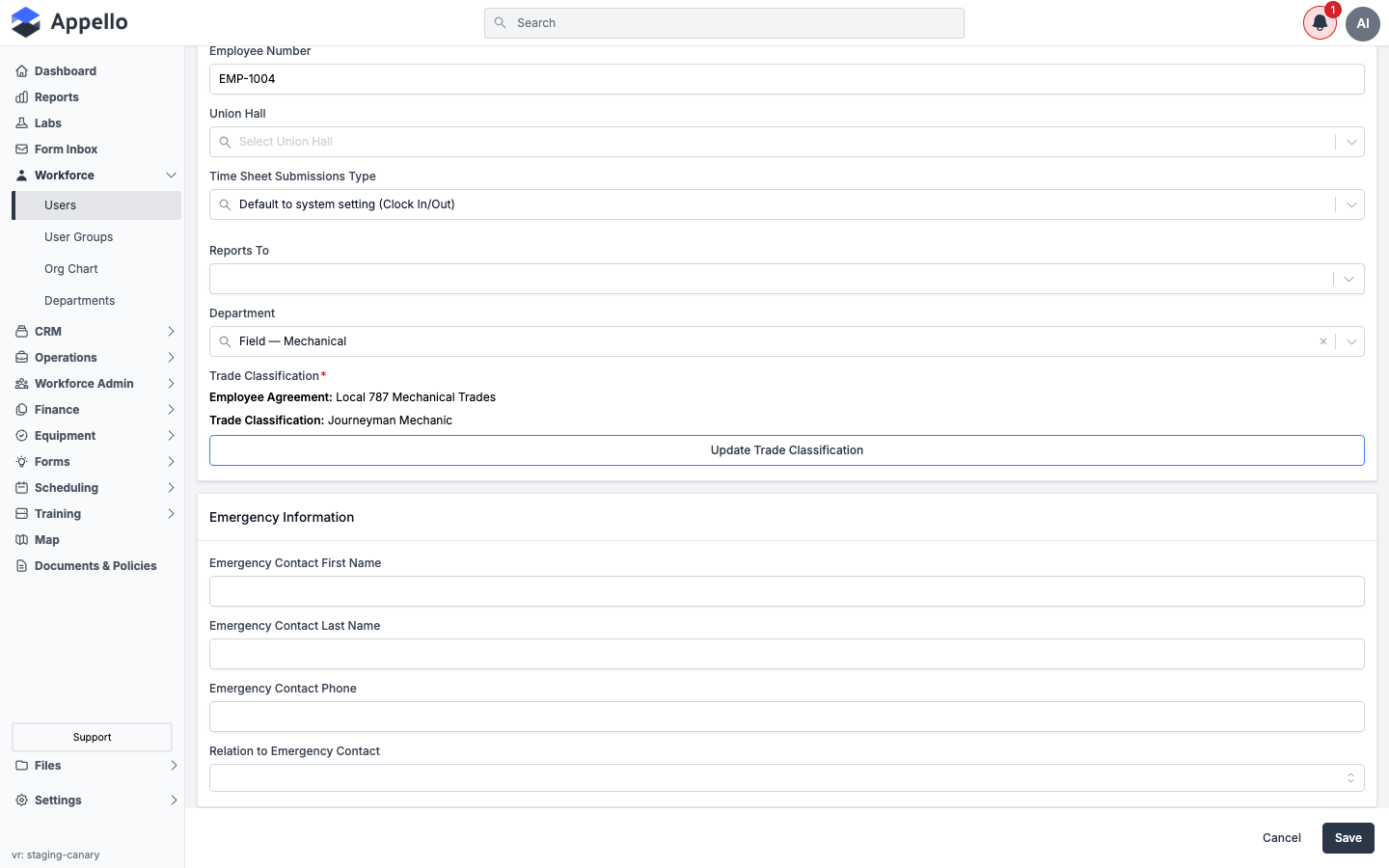 Edit User page, Employment Information section showing the read-only Trade Classification summary and its Update Trade Classification button