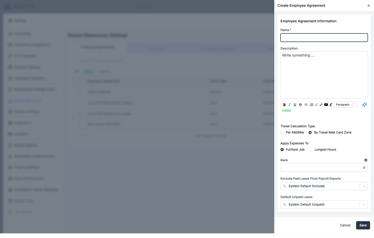 Create Employee Agreement flyout with Name, Description, Travel Calculation Type, Apply Expenses To, Rank, and leave-default fields