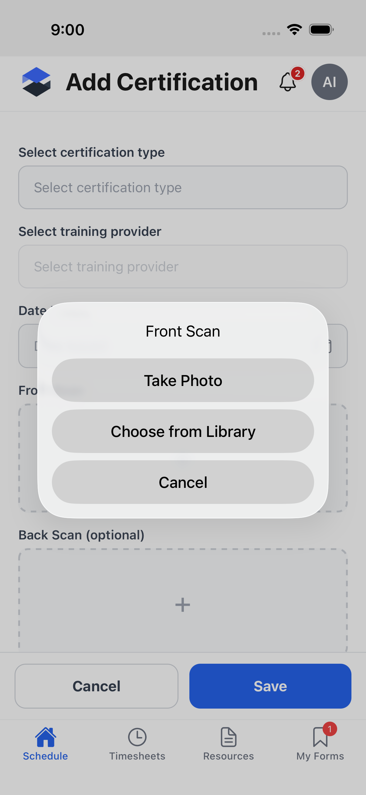 Native action sheet titled Front Scan with Take Photo, Choose from Library, and Cancel options