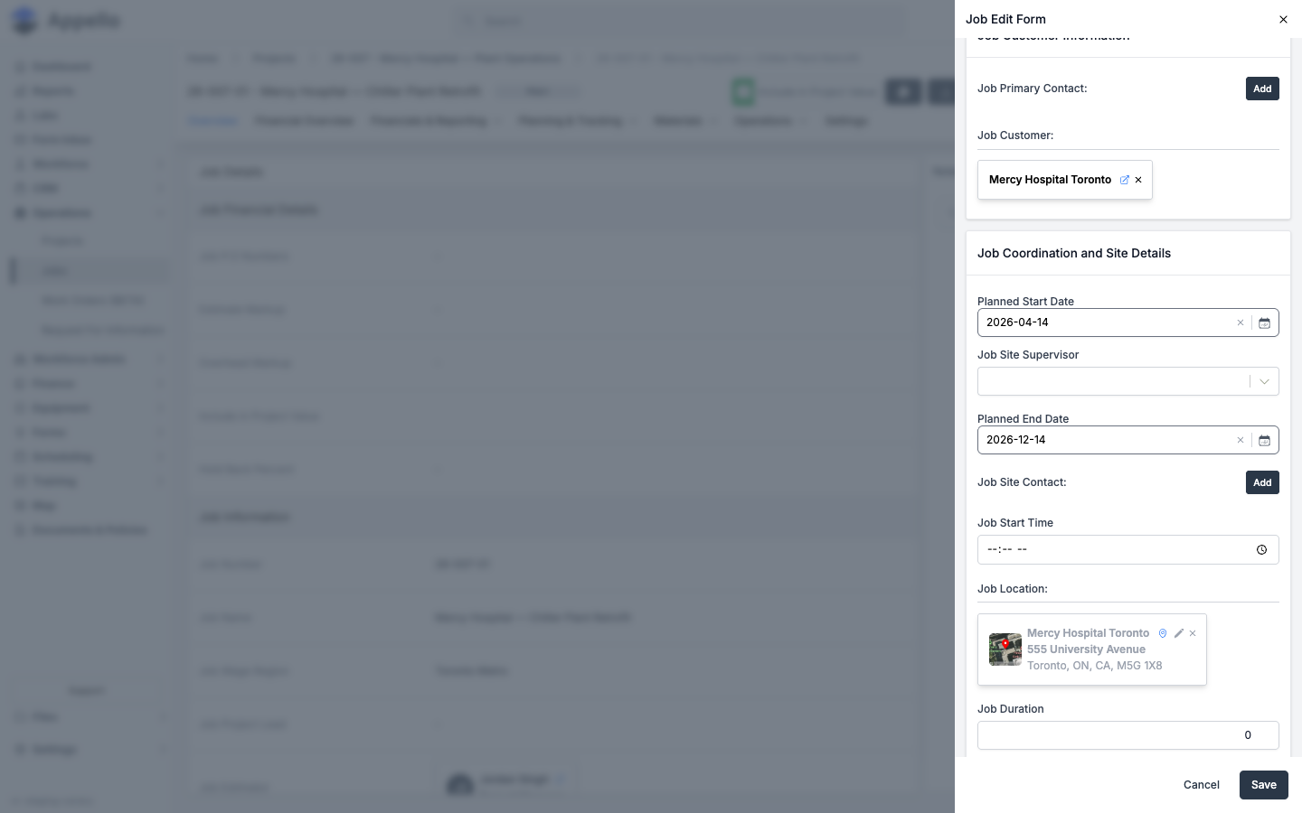 Job Edit Form showing the Job Customer chip and the Job Location card with its map thumbnail, edit, and remove controls