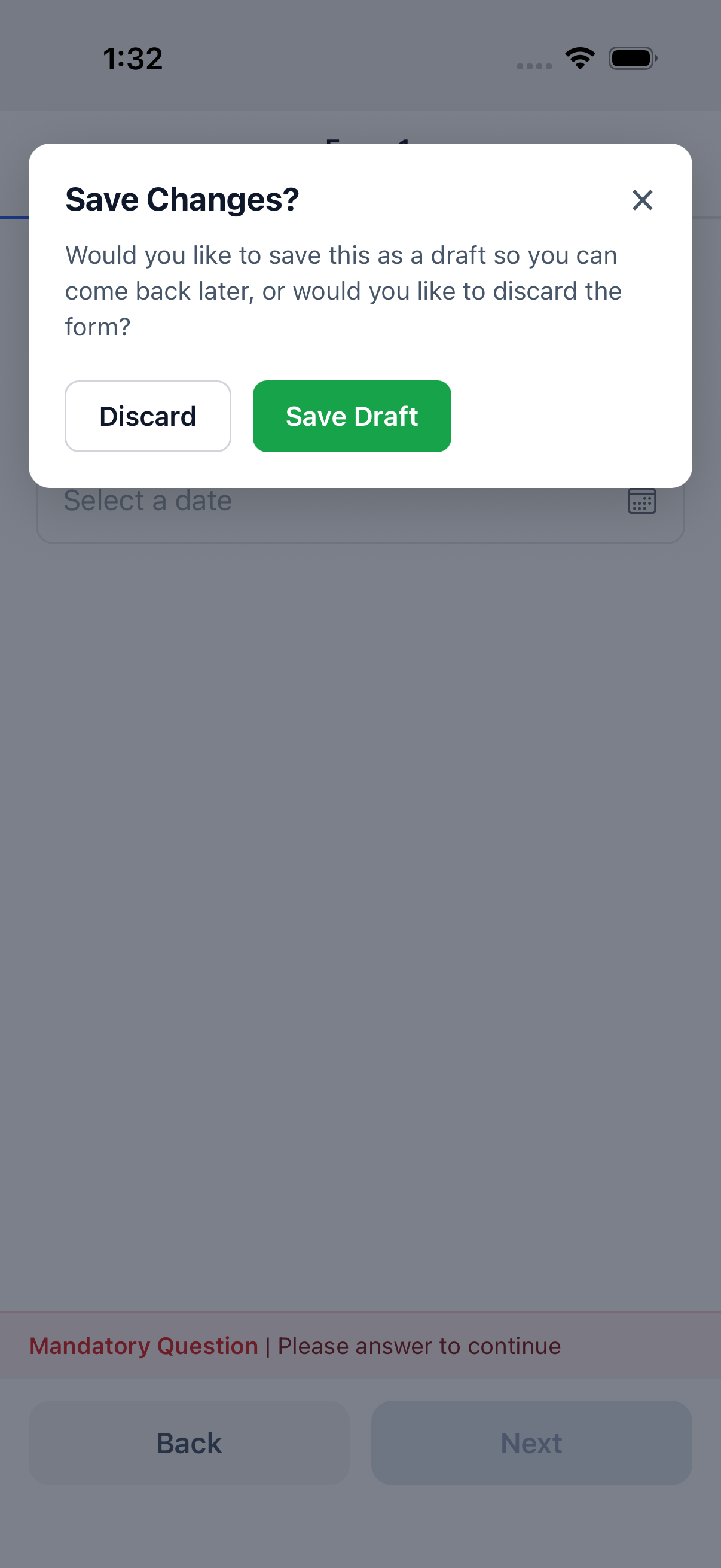 The "Save Changes?" dialog with Discard and Save Draft buttons